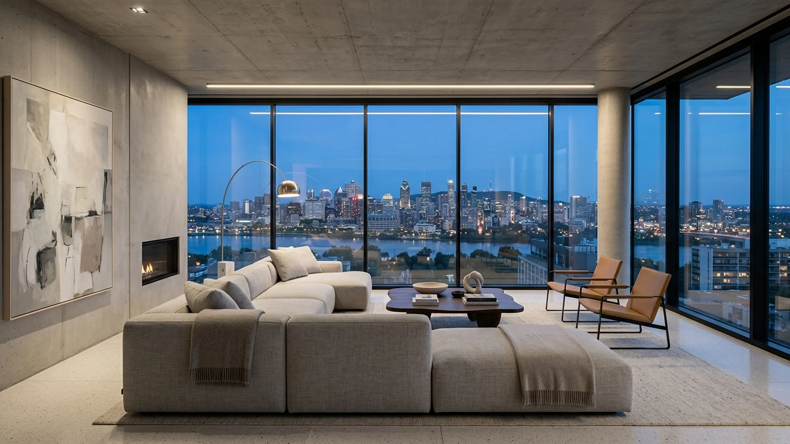 Séjour contemporain avec baie vitrée panoramique de plancher à plafond donnant sur la ville au crépuscule